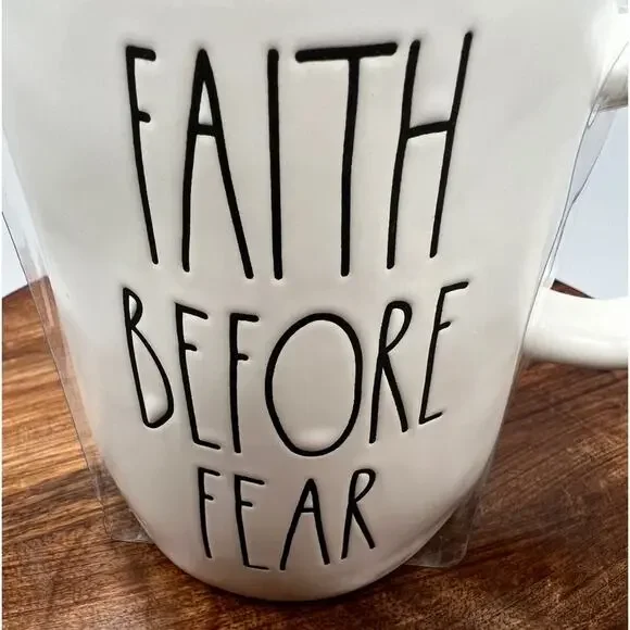 Rae Dunn FAITH BEFORE FEAR Mug Ceramic Coffee Cup Farmhouse Christian Travel Mug - Picture 2 of 5